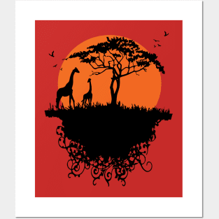 Giraffe in sunset Posters and Art